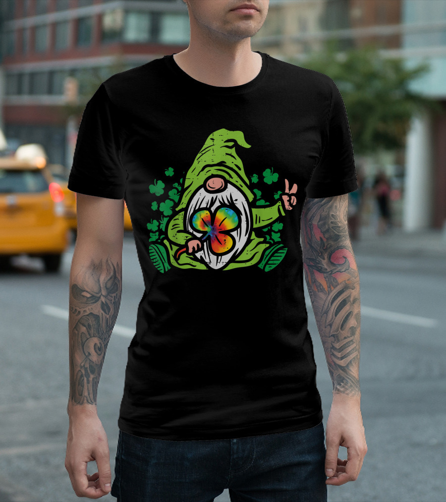 Gnome Tie Dye Shamrock Clover Peace St Patricks Day T-Shirt