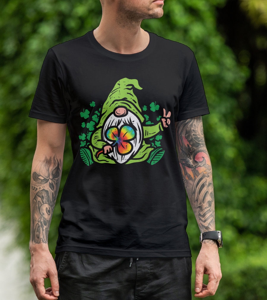 Gnome Tie Dye Shamrock Clover Peace St Patricks Day T-Shirt