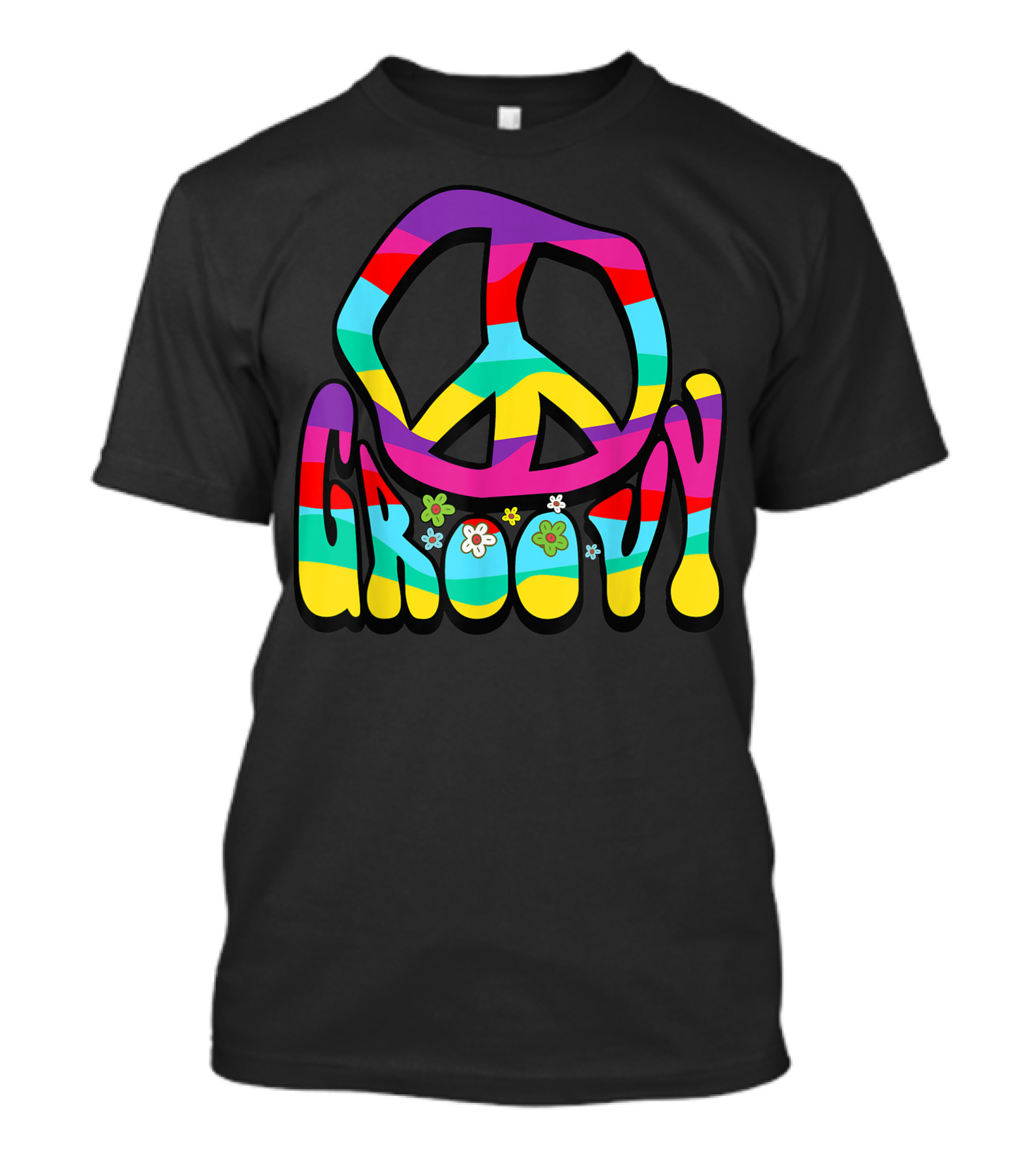 Groovy Hippie 60S 70S Peace Sign Symbol 1970S Flower Power Colorful Stripes And Flowers T-Shirt