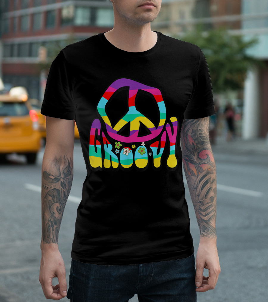 Groovy Hippie 60S 70S Peace Sign Symbol 1970S Flower Power Colorful Stripes And Flowers T-Shirt