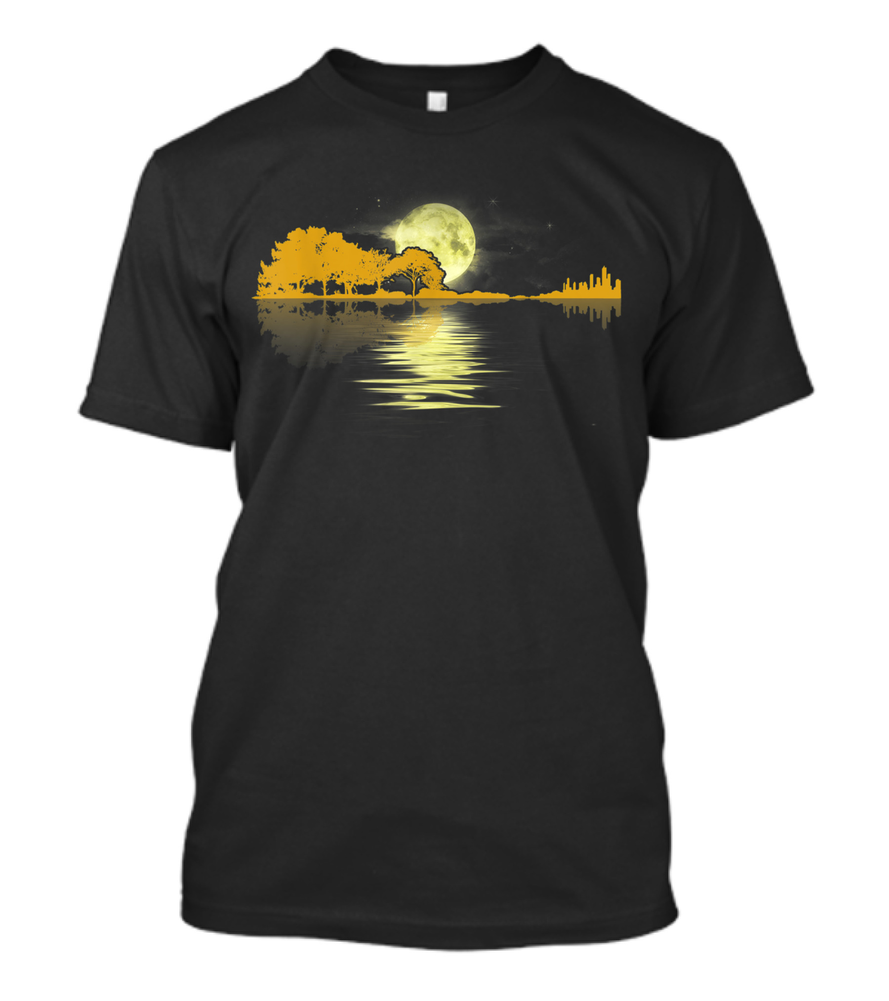 Guitar Shadow Lake Reflection Love Under Moonlit Trees T-Shirt
