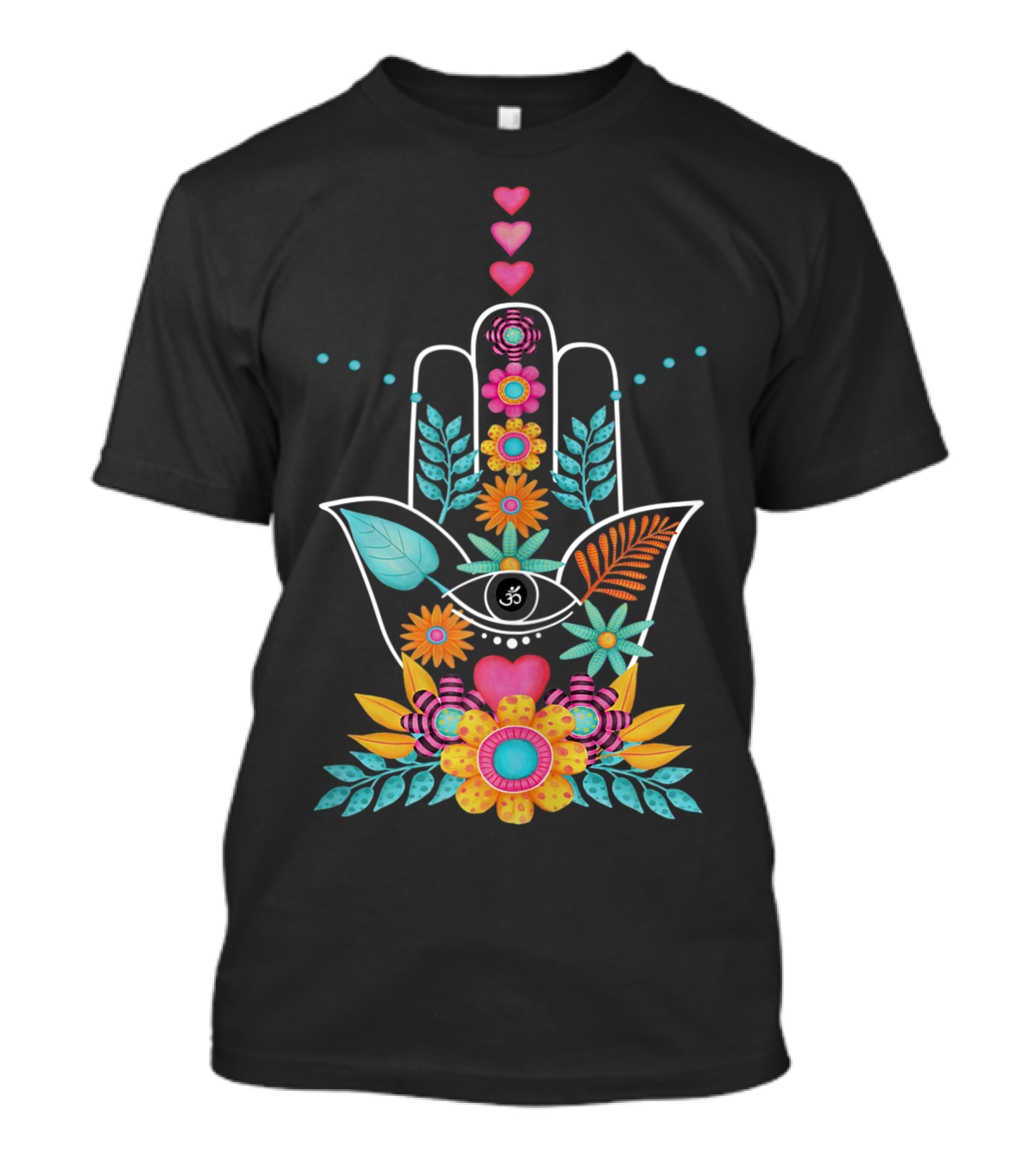 Hamsa Hand Of Fatima With Vibrant Flowers And Evil Eye Symbol For Spiritual Protection T-Shirt
