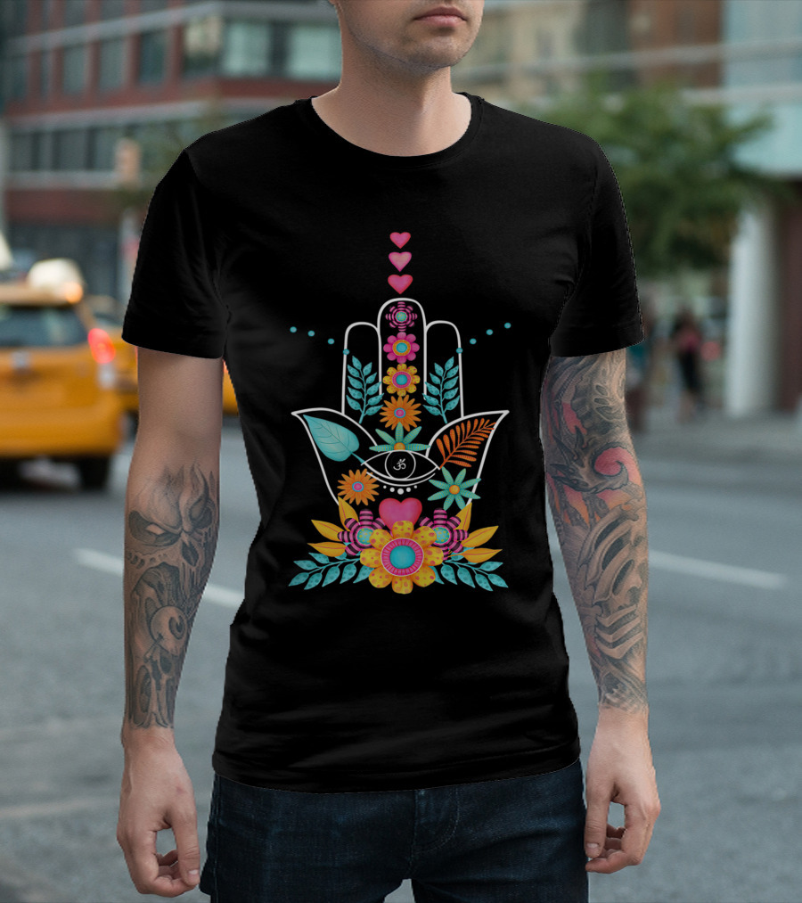 Hamsa Hand Of Fatima With Vibrant Flowers And Evil Eye Symbol For Spiritual Protection T-Shirt