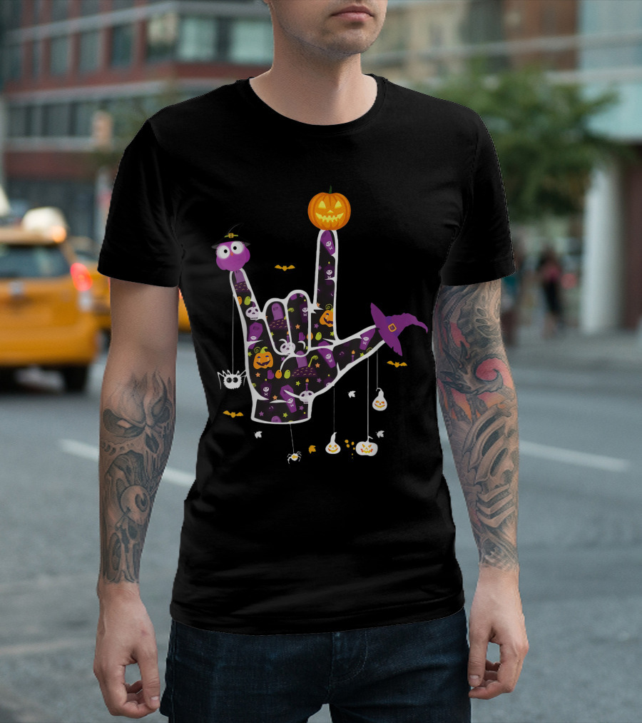 Hand ASL Witch Halloween Sign Language Pride Deaf Pumpkin T-Shirt