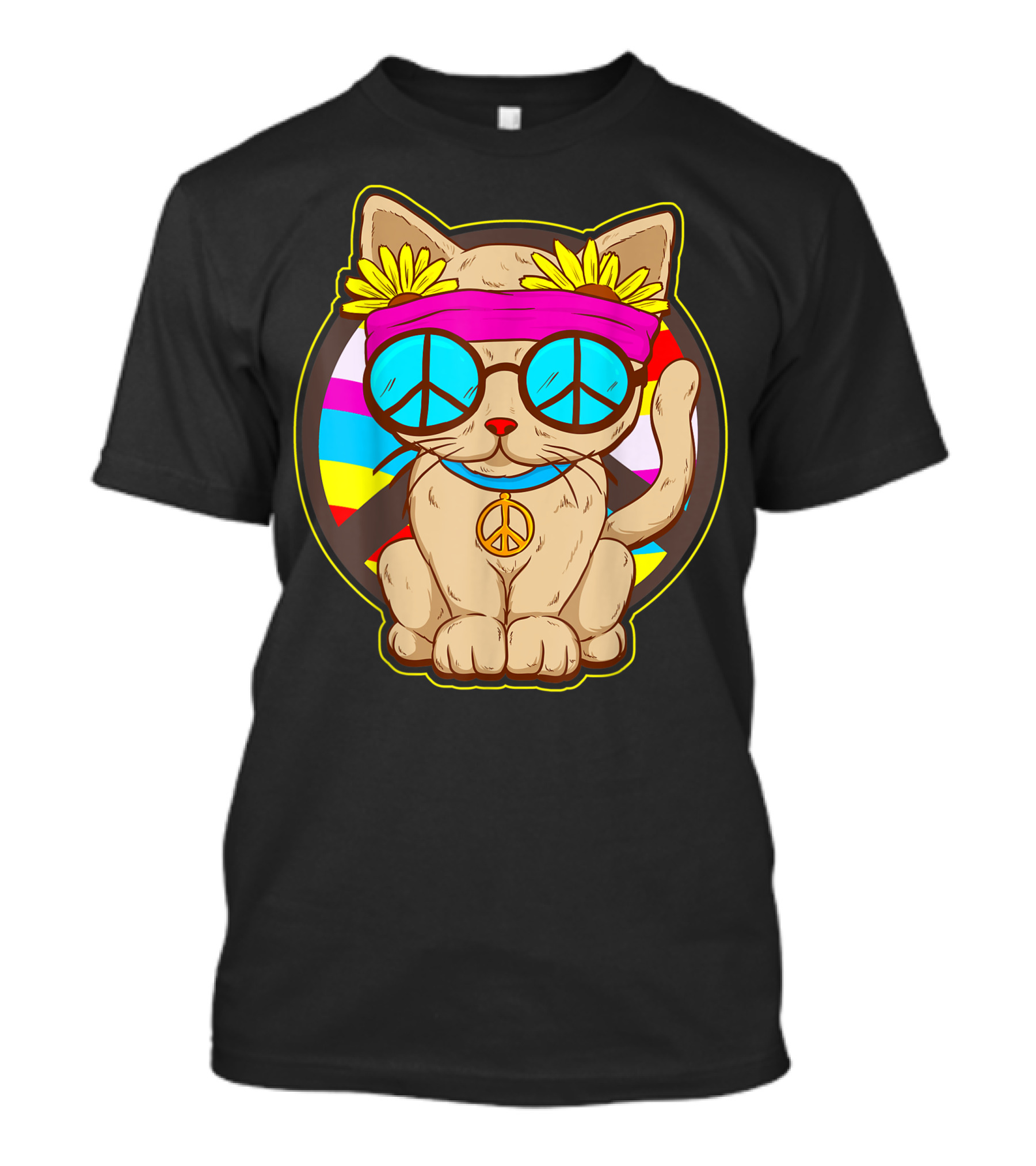 Hippie Cat Peace Flower Power Rainbow Glasses T-Shirt