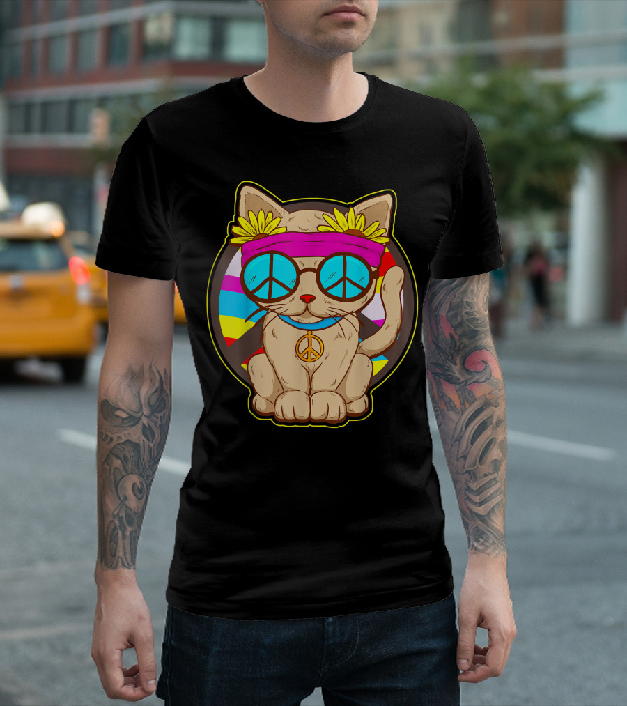 Hippie Cat Peace Flower Power Rainbow Glasses T-Shirt