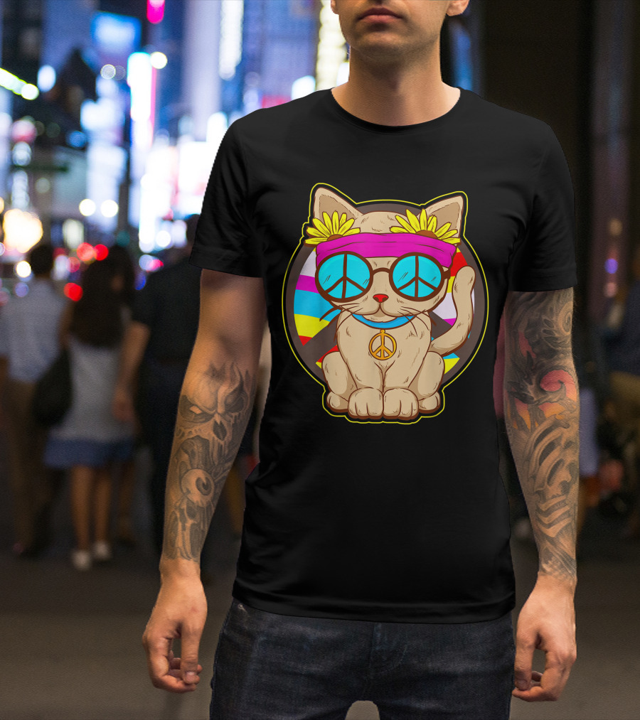 Hippie Cat Peace Flower Power Rainbow Glasses T-Shirt
