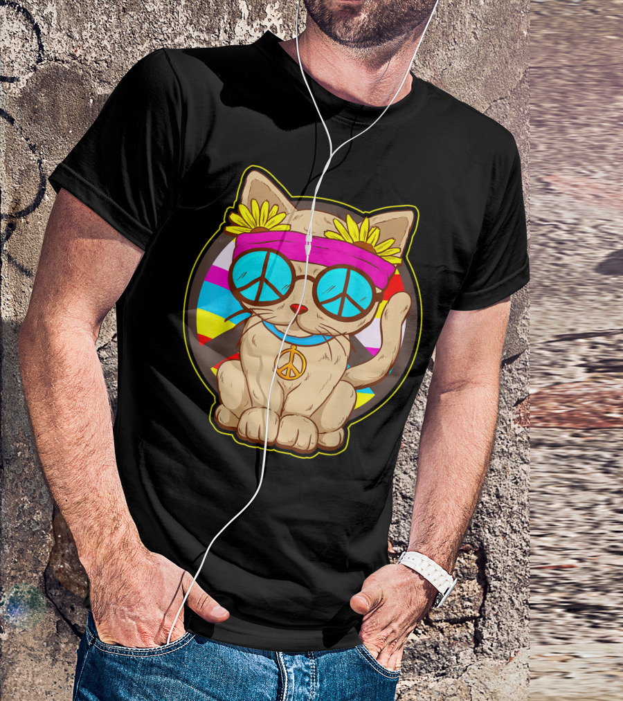 Hippie Cat Peace Flower Power Rainbow Glasses T-Shirt