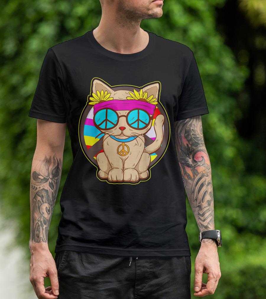 Hippie Cat Peace Flower Power Rainbow Glasses T-Shirt