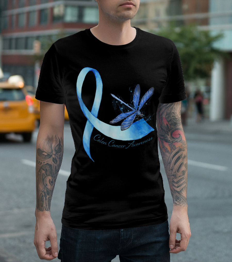 Hippie Dragonfly Blue Ribbon Colon Cancer Awareness T-Shirt