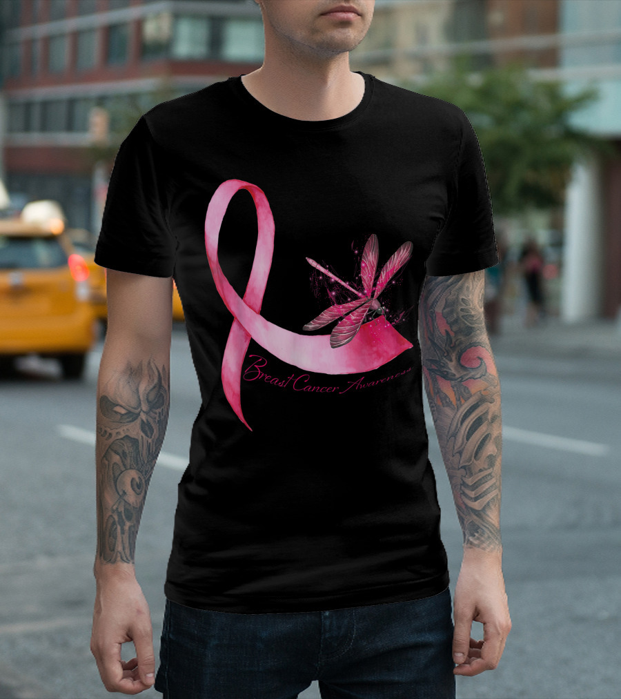 Pink Ribbon Breast Cancer Awareness Hippie Dragonfly T-Shirt