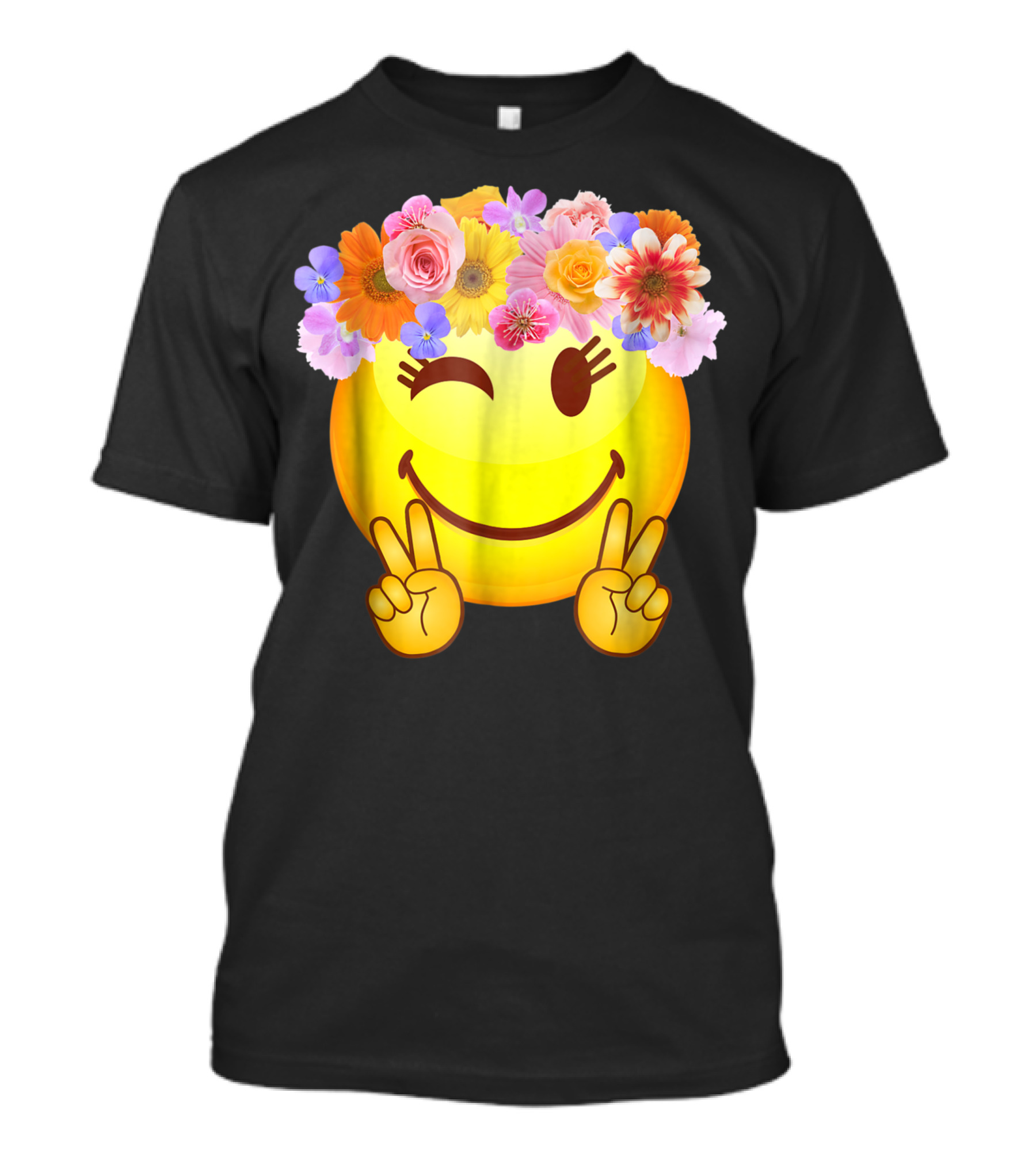 Hippie Flower Power Crown Peace Happy Face Emoji Smiley T-Shirt
