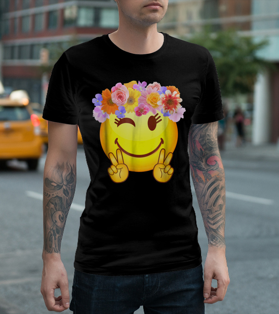 Hippie Flower Power Crown Peace Happy Face Emoji Smiley T-Shirt