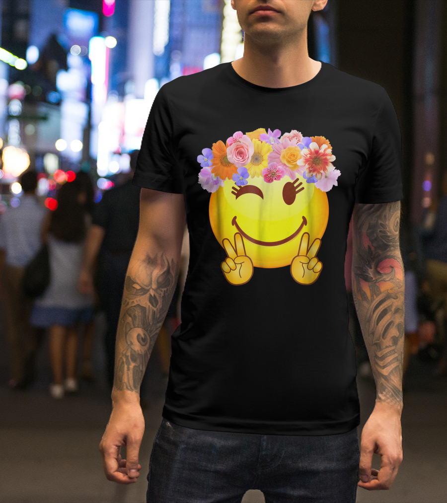 Hippie Flower Power Crown Peace Happy Face Emoji Smiley T-Shirt