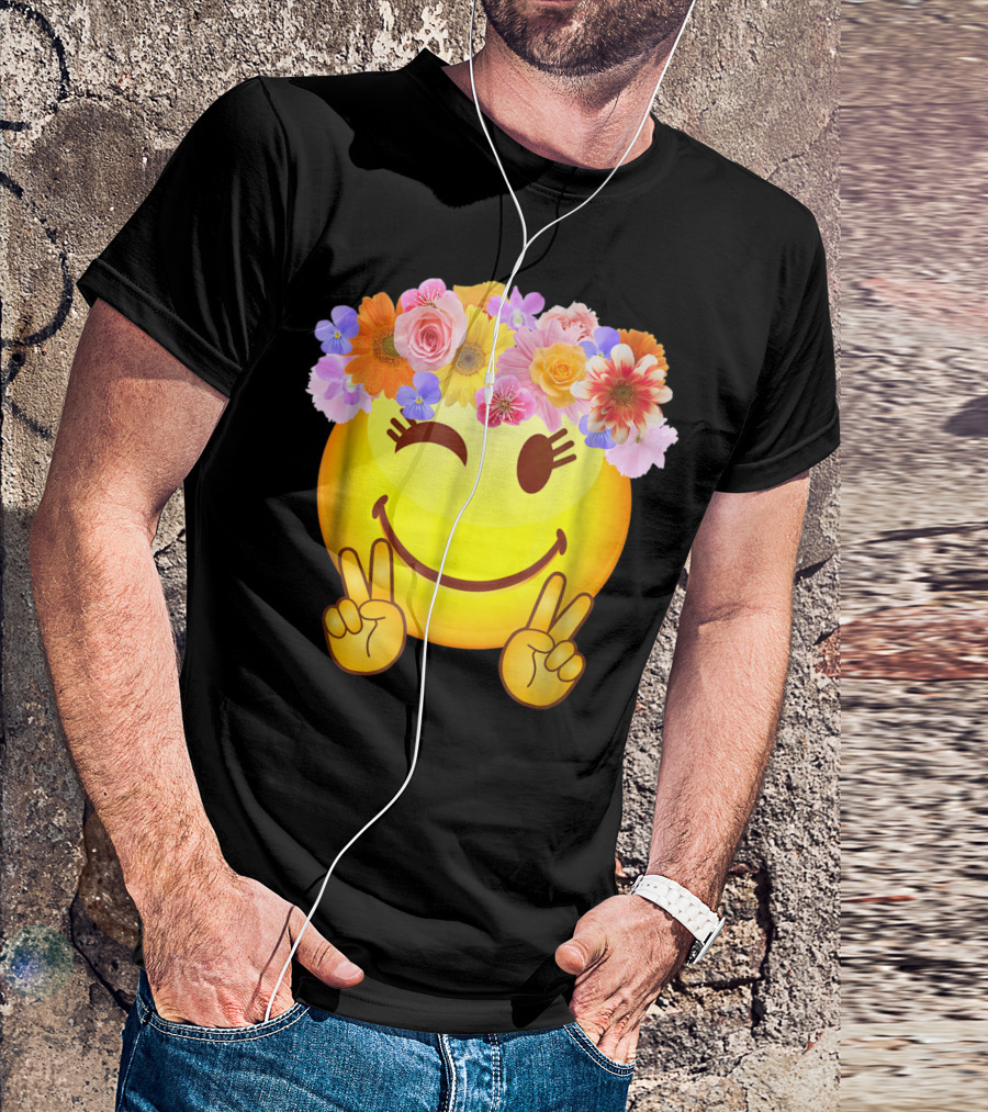 Hippie Flower Power Crown Peace Happy Face Emoji Smiley T-Shirt