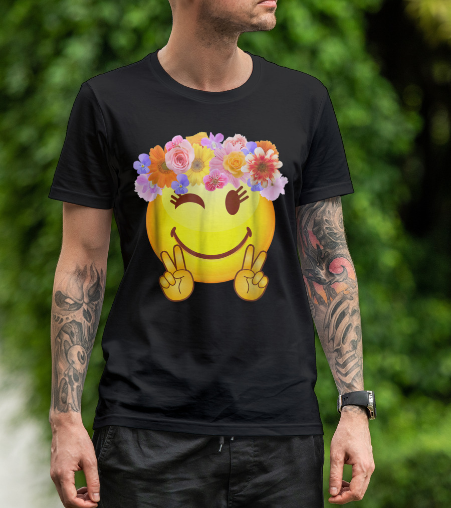 Hippie Flower Power Crown Peace Happy Face Emoji Smiley T-Shirt