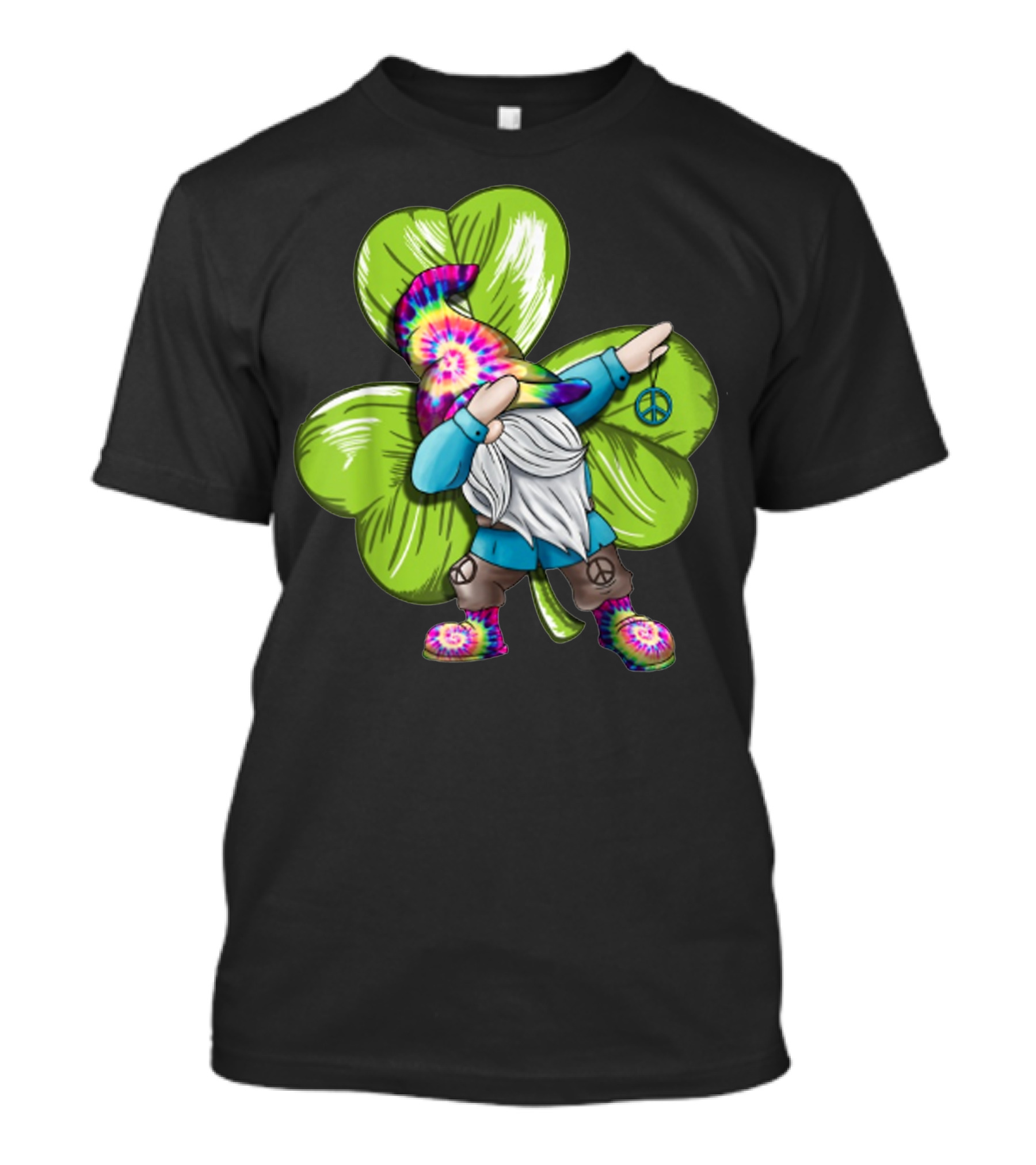 Hippie Gnomes Tie-Dye Dabbing Gnome With Peace Sign And Shamrock T-Shirt