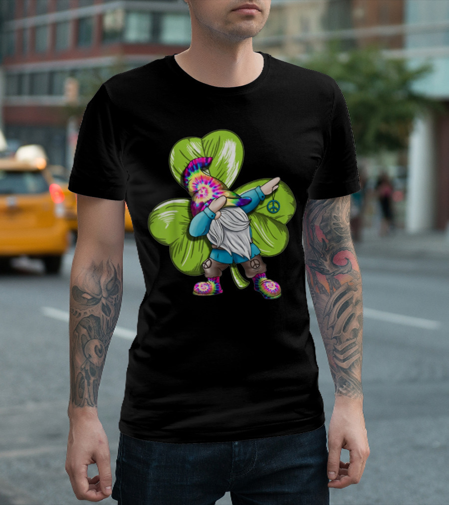 Hippie Gnomes Tie-Dye Dabbing Gnome With Peace Sign And Shamrock T-Shirt