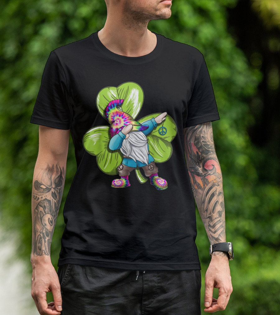 Hippie Gnomes Tie-Dye Dabbing Gnome With Peace Sign And Shamrock T-Shirt