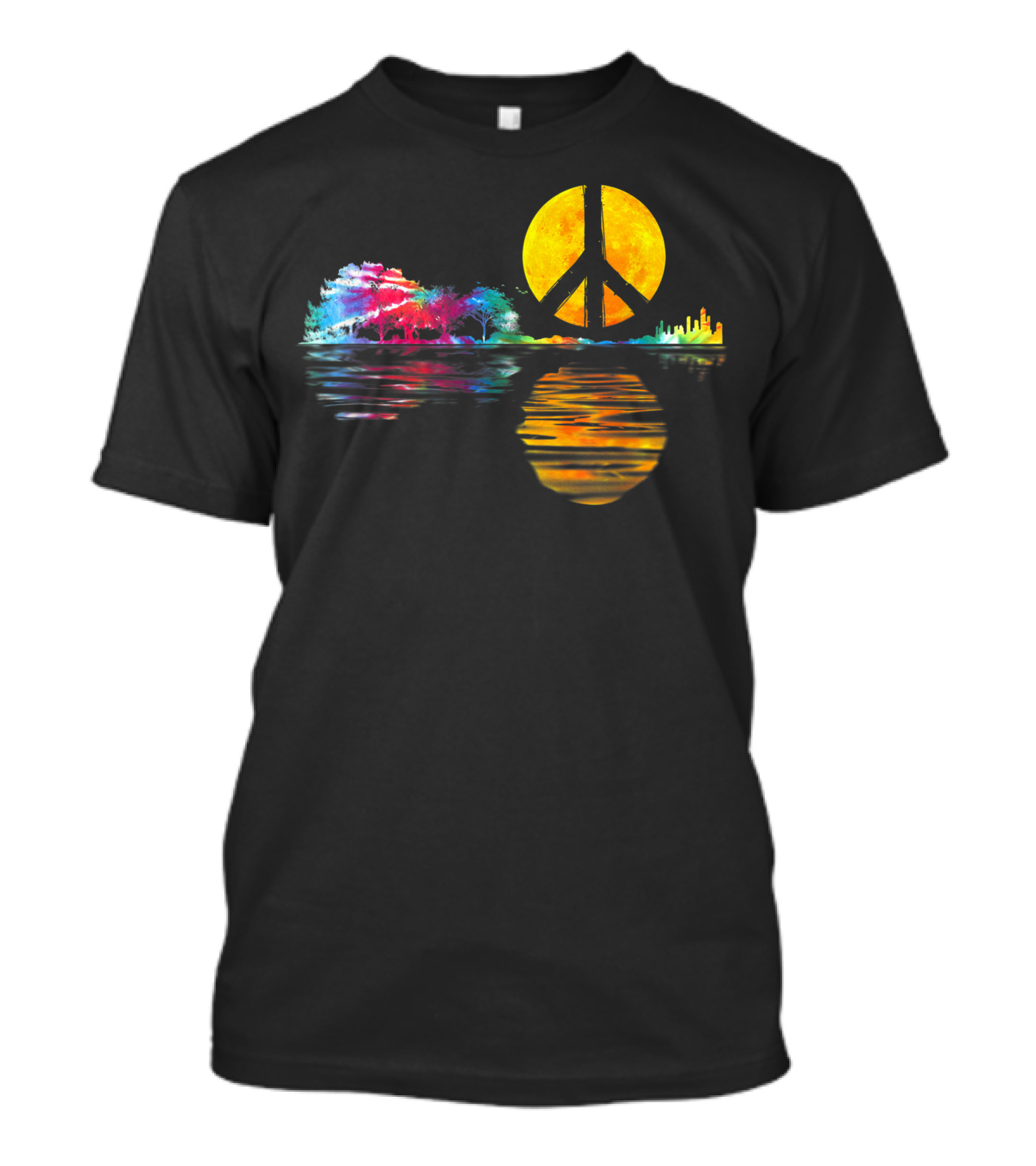 Hippie Peace Sign Moon Landscape With Guitarist Musician And Colorful Trees T-Shirt