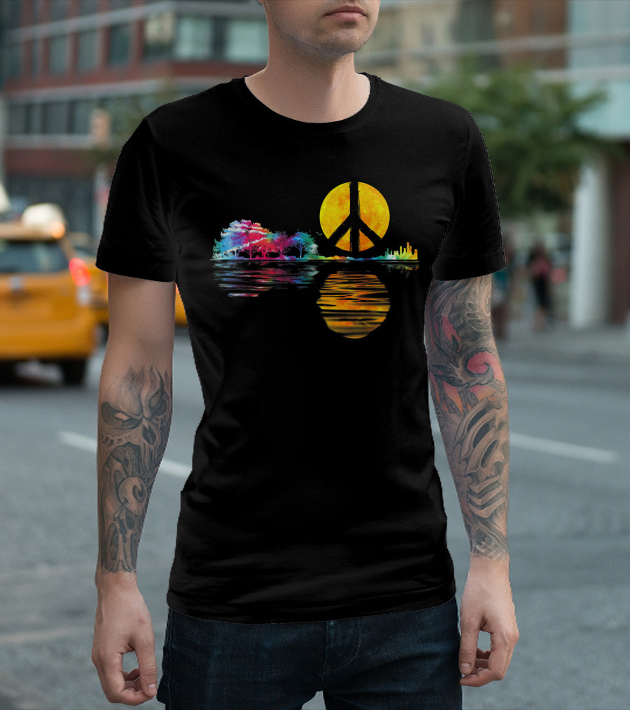 Hippie Peace Sign Moon Landscape With Guitarist Musician And Colorful Trees T-Shirt