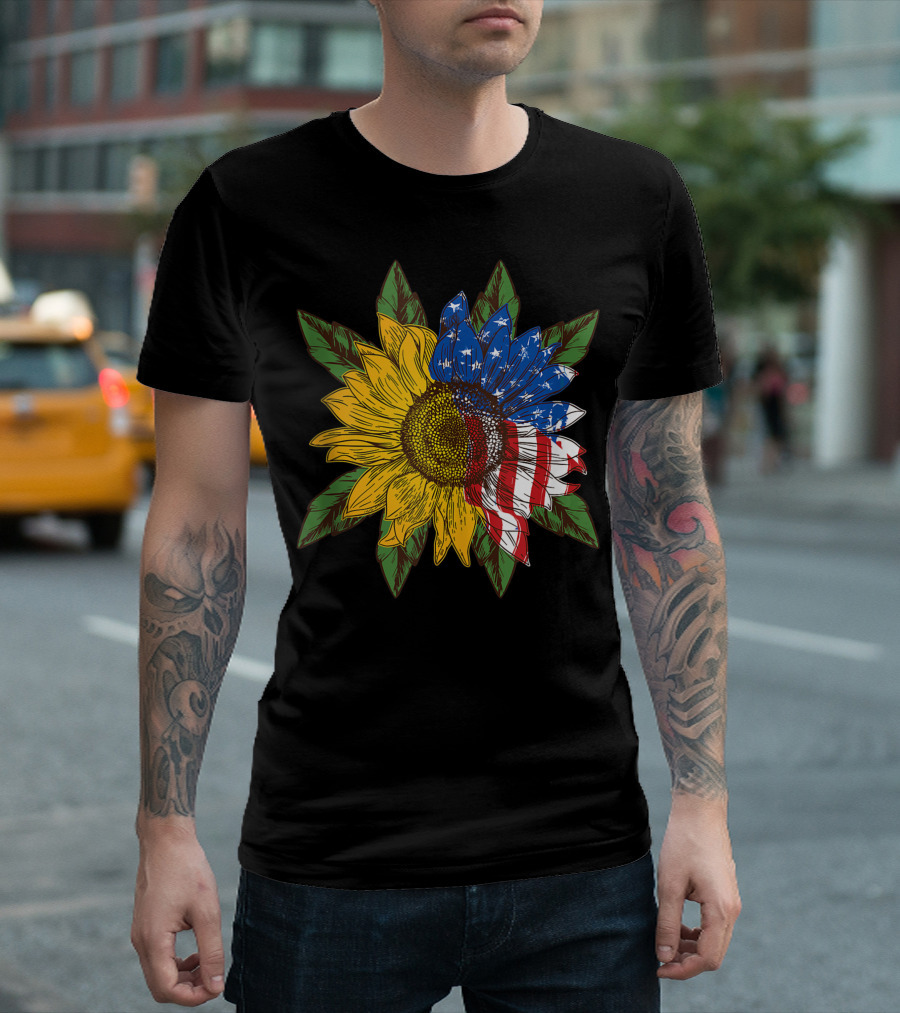 Hippie Peace Sunflower with American Flag Petals and Leaves T-Shirt