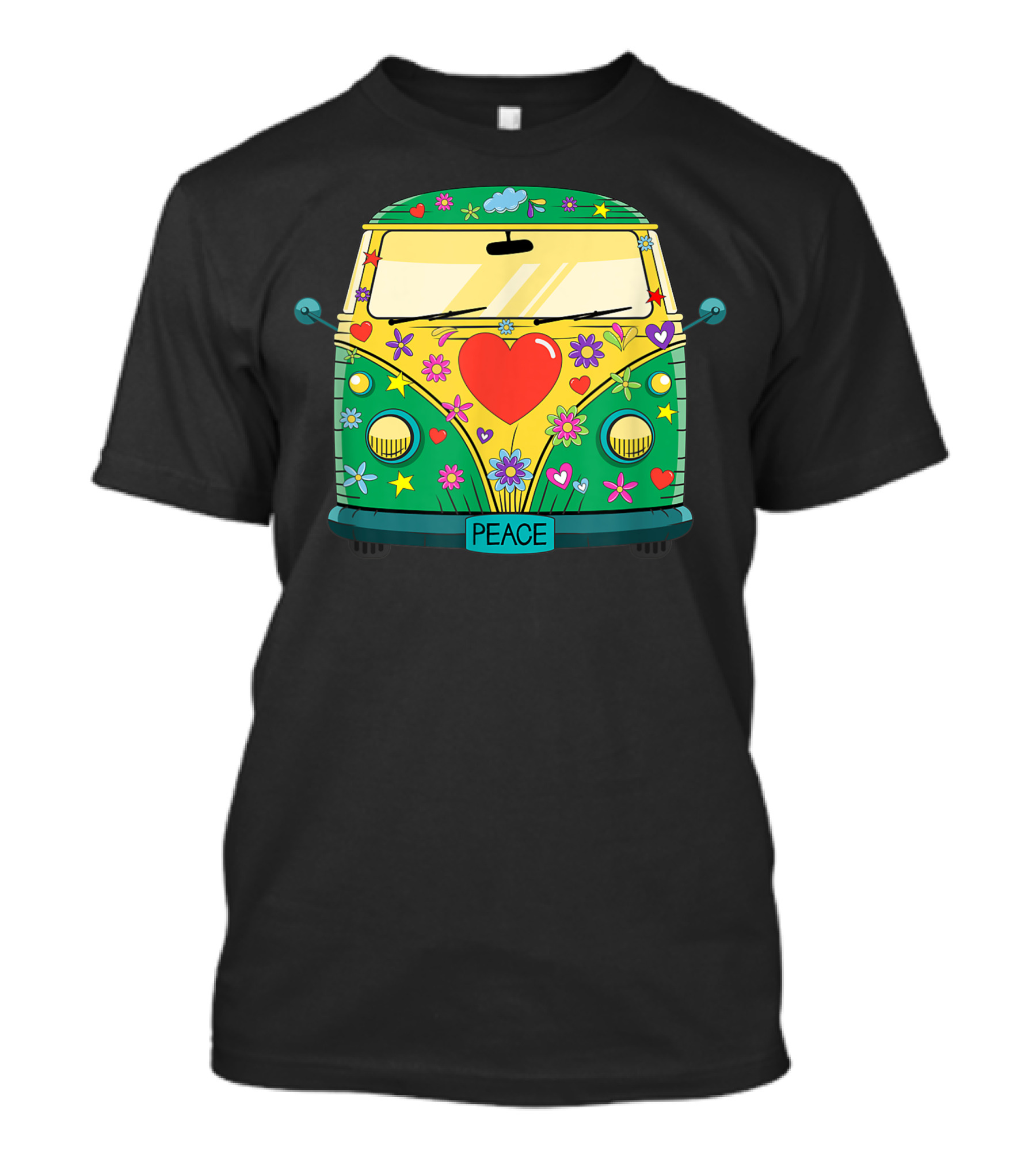 Hippie Hippies Peace Vintage Costume Hippy Van Flowers Heart Symbols T-Shirt