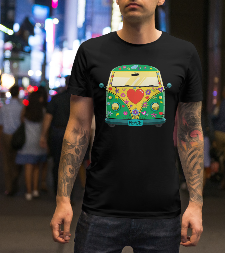 Hippie Hippies Peace Vintage Costume Hippy Van Flowers Heart Symbols T-Shirt