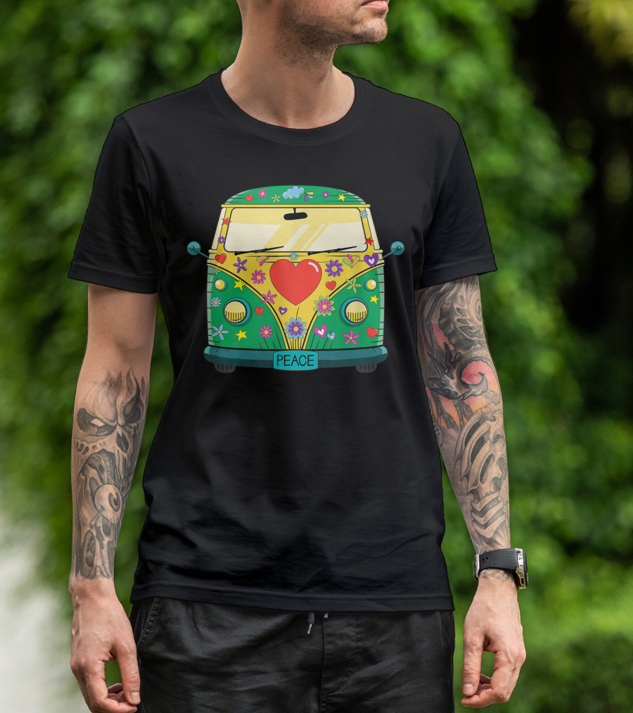 Hippie Hippies Peace Vintage Costume Hippy Van Flowers Heart Symbols T-Shirt