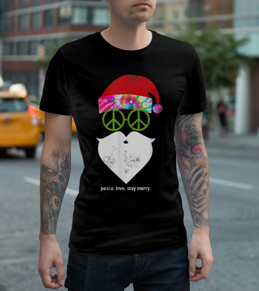 Hippie Santa Peace Love Stay Merry Tie Dye Rainbow Peace Sign T-Shirt