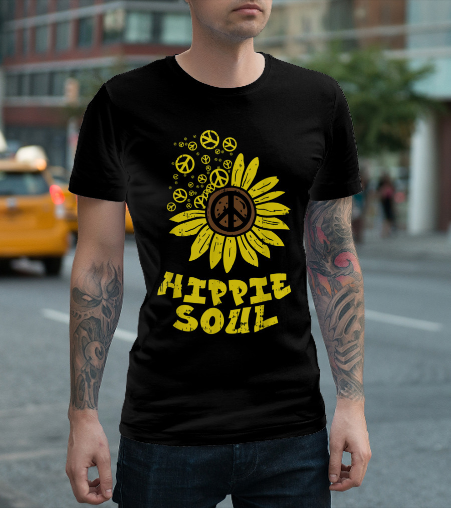 Hippie Soul Sunflower Peace Vintage Floral Bubble Hippi T-Shirt