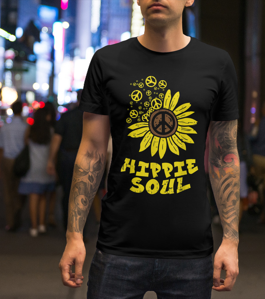 Hippie Soul Sunflower Peace Vintage Floral Bubble Hippi T-Shirt