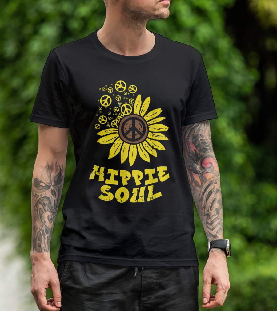 Hippie Soul Sunflower Peace Vintage Floral Bubble Hippi T-Shirt
