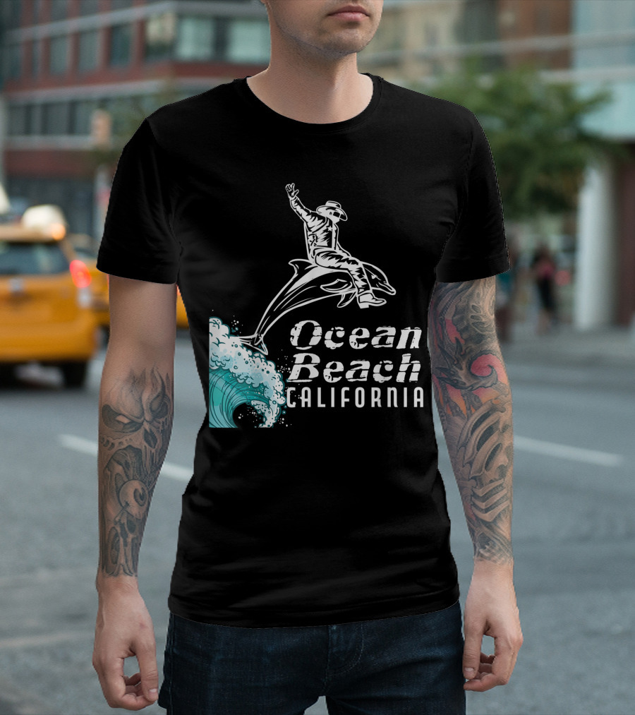 California Ocean Beach Cowboy on Dolphin Surfing Wave T-Shirt
