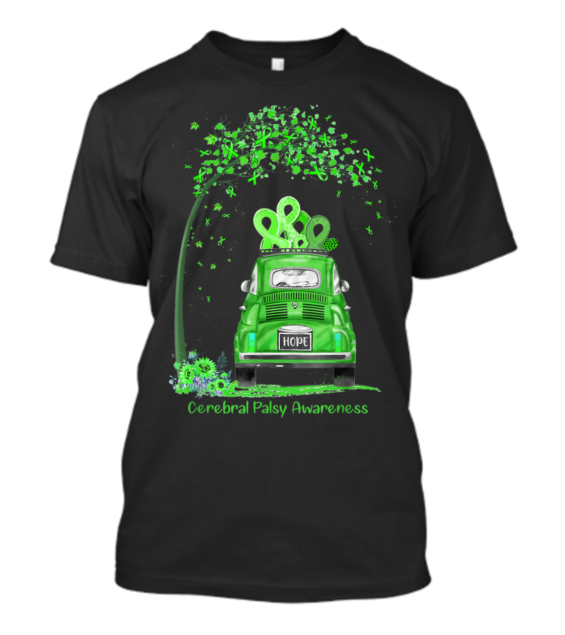 Hope Green Van With Ribbons And Flowers For Cerebral Palsy Awareness T-Shirt