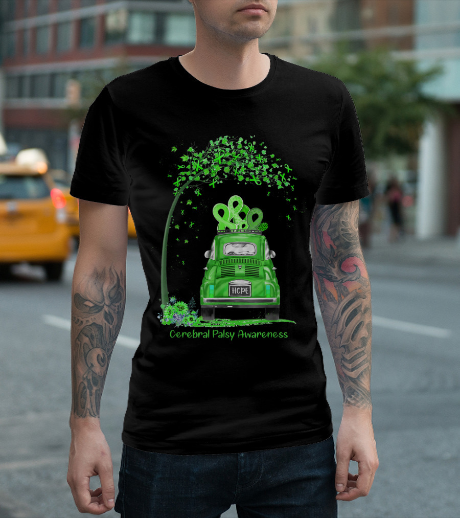 Hope Green Van With Ribbons And Flowers For Cerebral Palsy Awareness T-Shirt