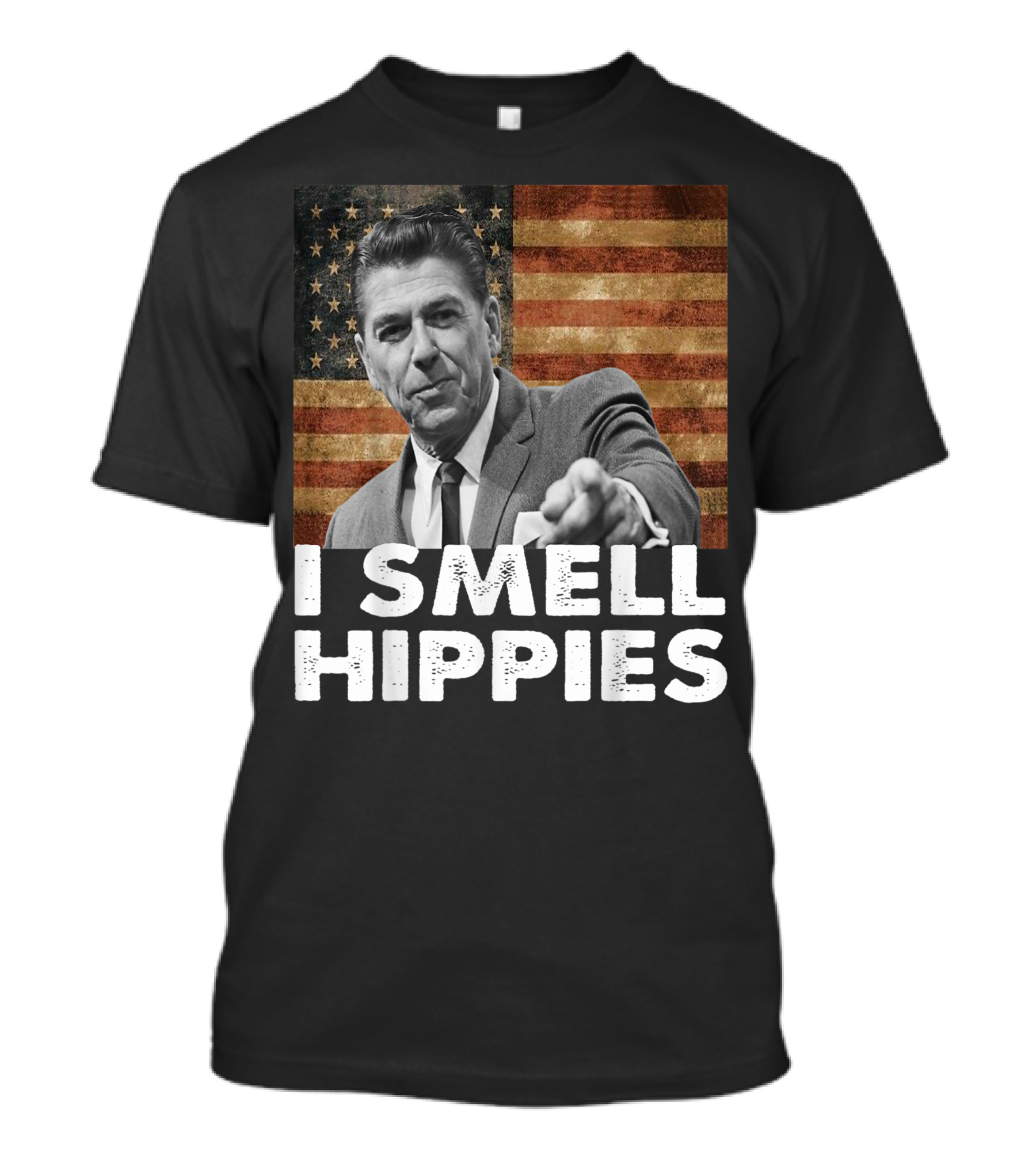 I Smell Hippies Ronald Reagan American Flag Conservative Merica US T-Shirt