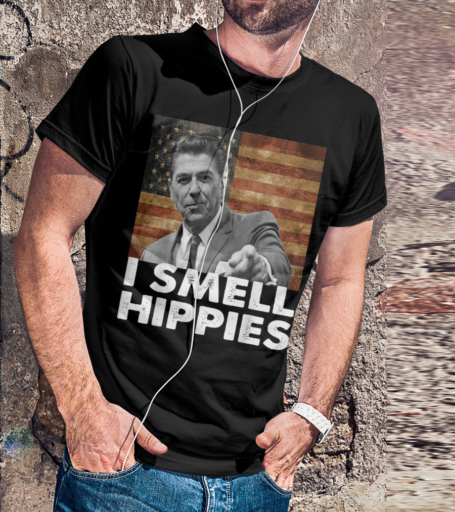 I Smell Hippies Ronald Reagan American Flag Conservative Merica US T-Shirt
