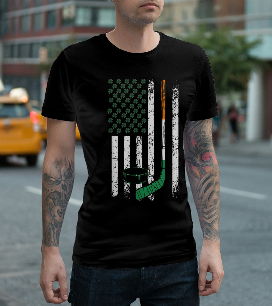 Irish American Hockey Usa Flag Shamrock St Patricks Day T-Shirt