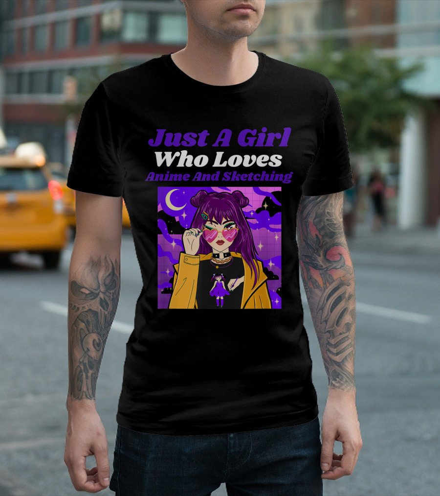 Just A Girl Who Loves Anime And Sketching Purple Aesthetic Retro Manga Fashion T-Shirt