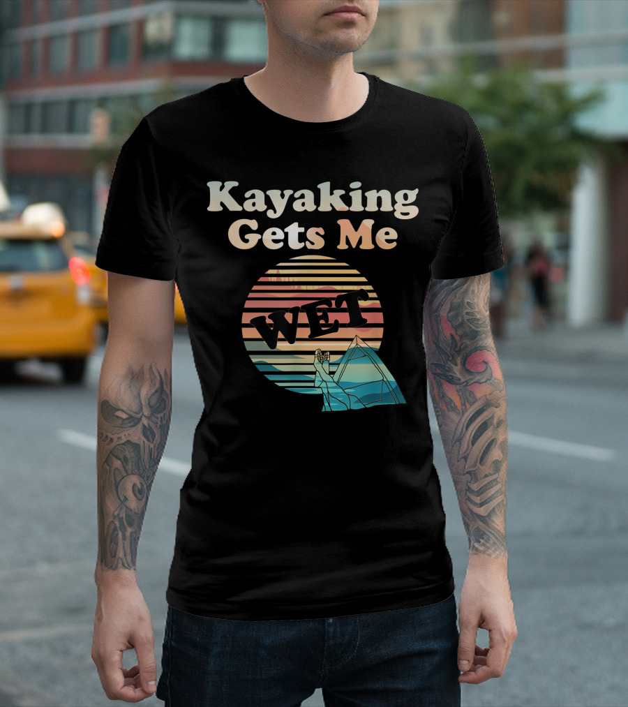 Kayaking Gets Me Wet Retro Sunset Mountain Kayak T-Shirt