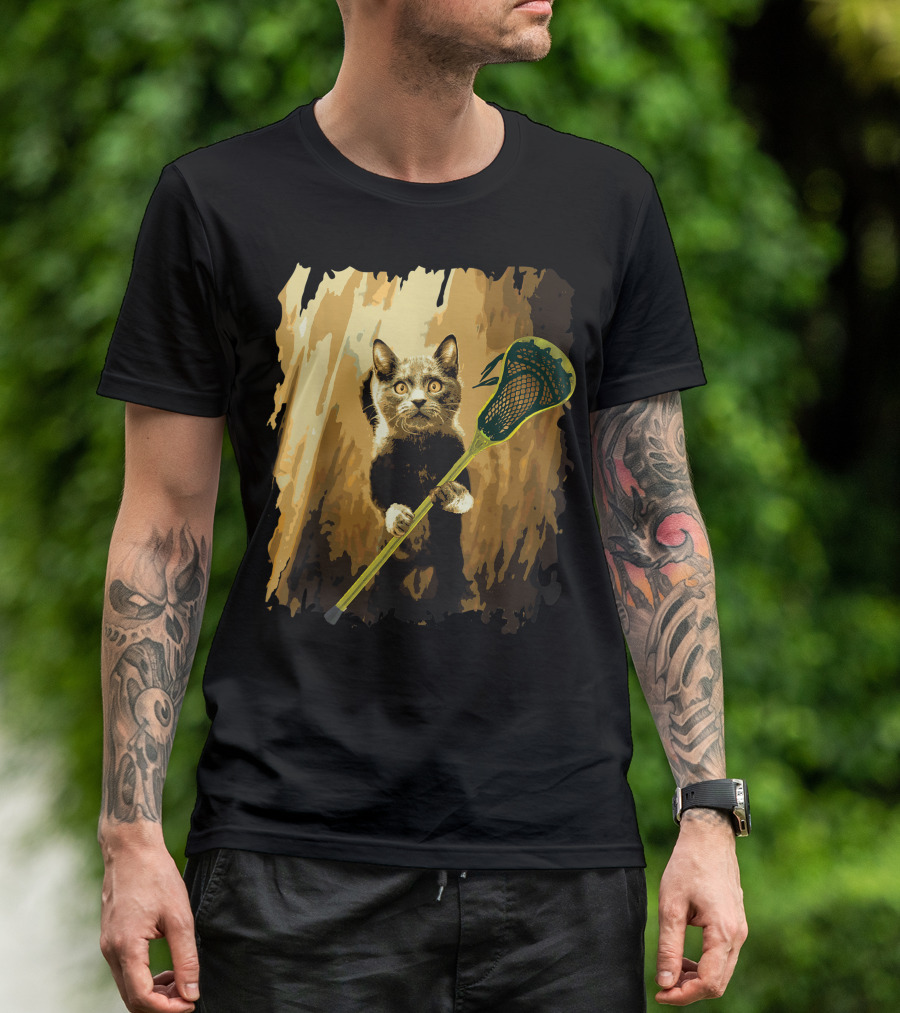 Lacrosse Stick Holding Cute Cat T-Shirt