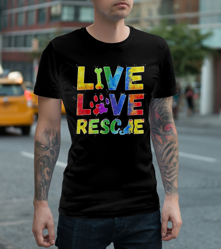 Live Love Rescue Colorful Paw Art for Dog Lovers T-Shirt
