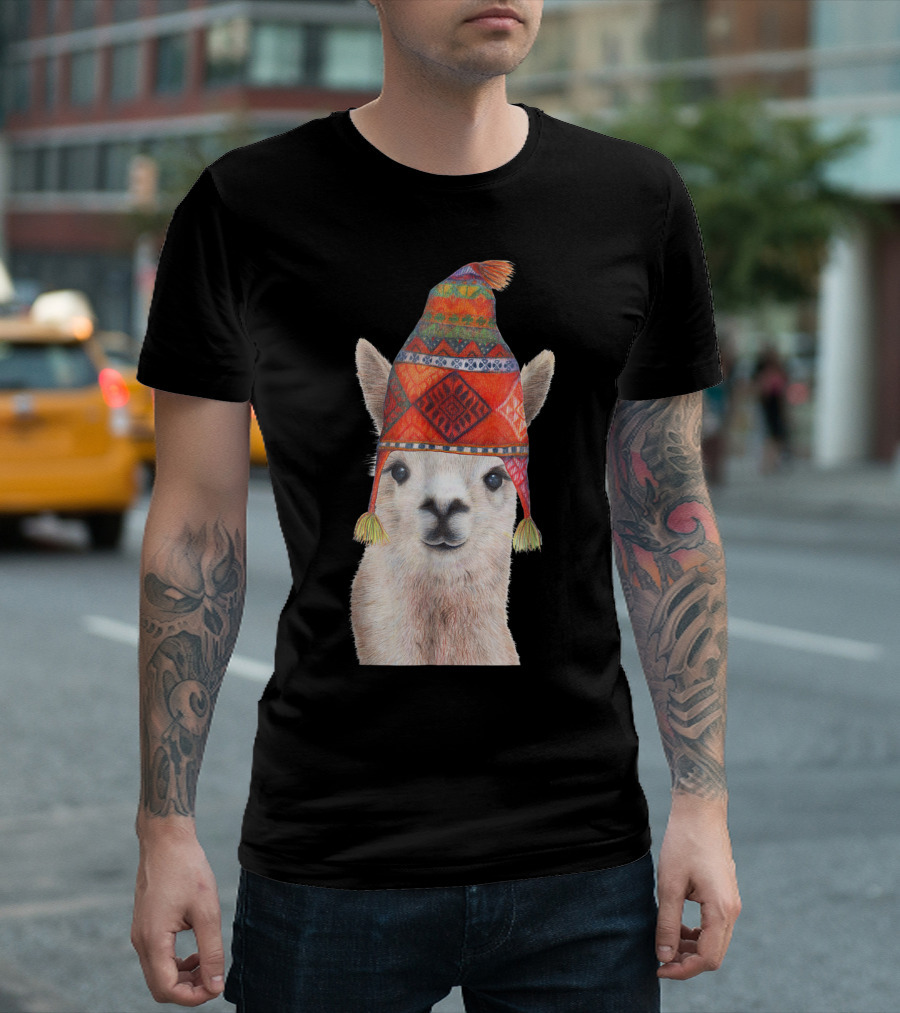 Llama Wearing Colorful Peruvian Hat Apparel For Men Women Children T-Shirt