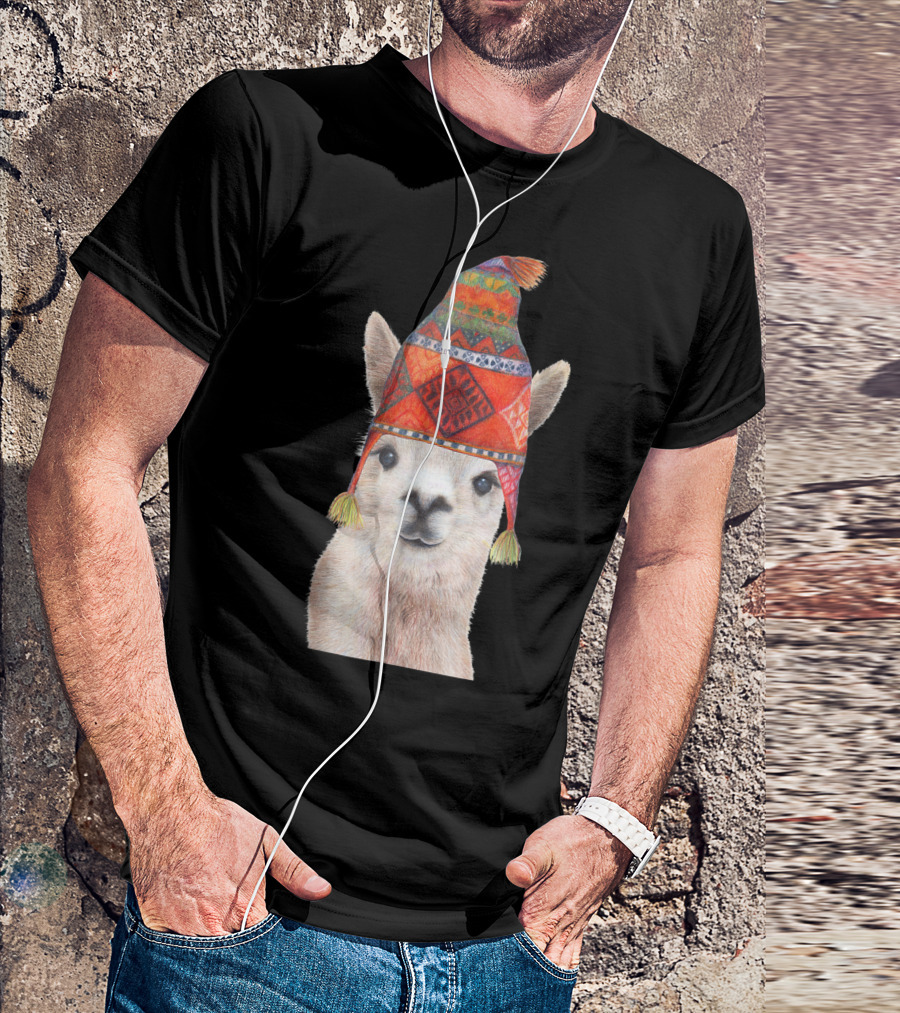 Llama Wearing Colorful Peruvian Hat Apparel For Men Women Children T-Shirt