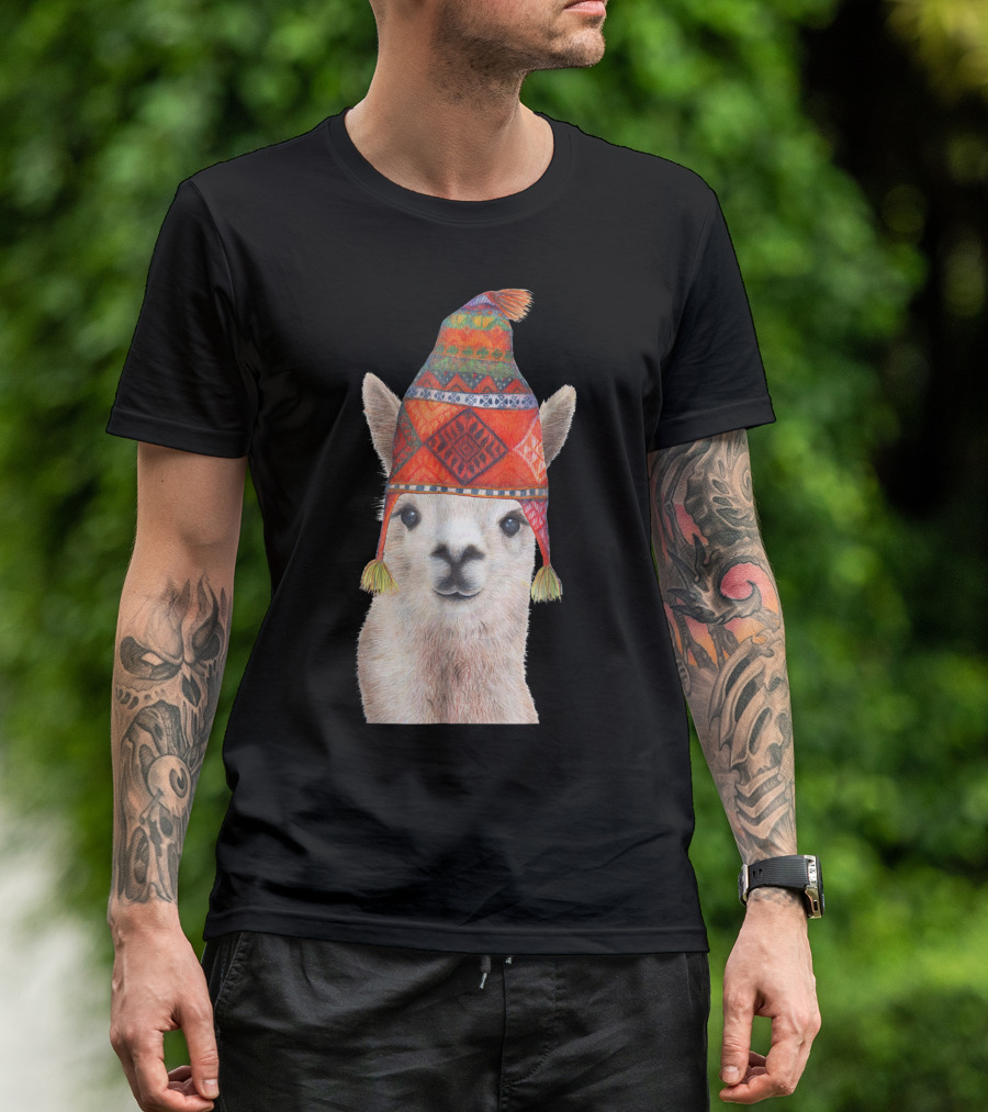 Llama Wearing Colorful Peruvian Hat Apparel For Men Women Children T-Shirt