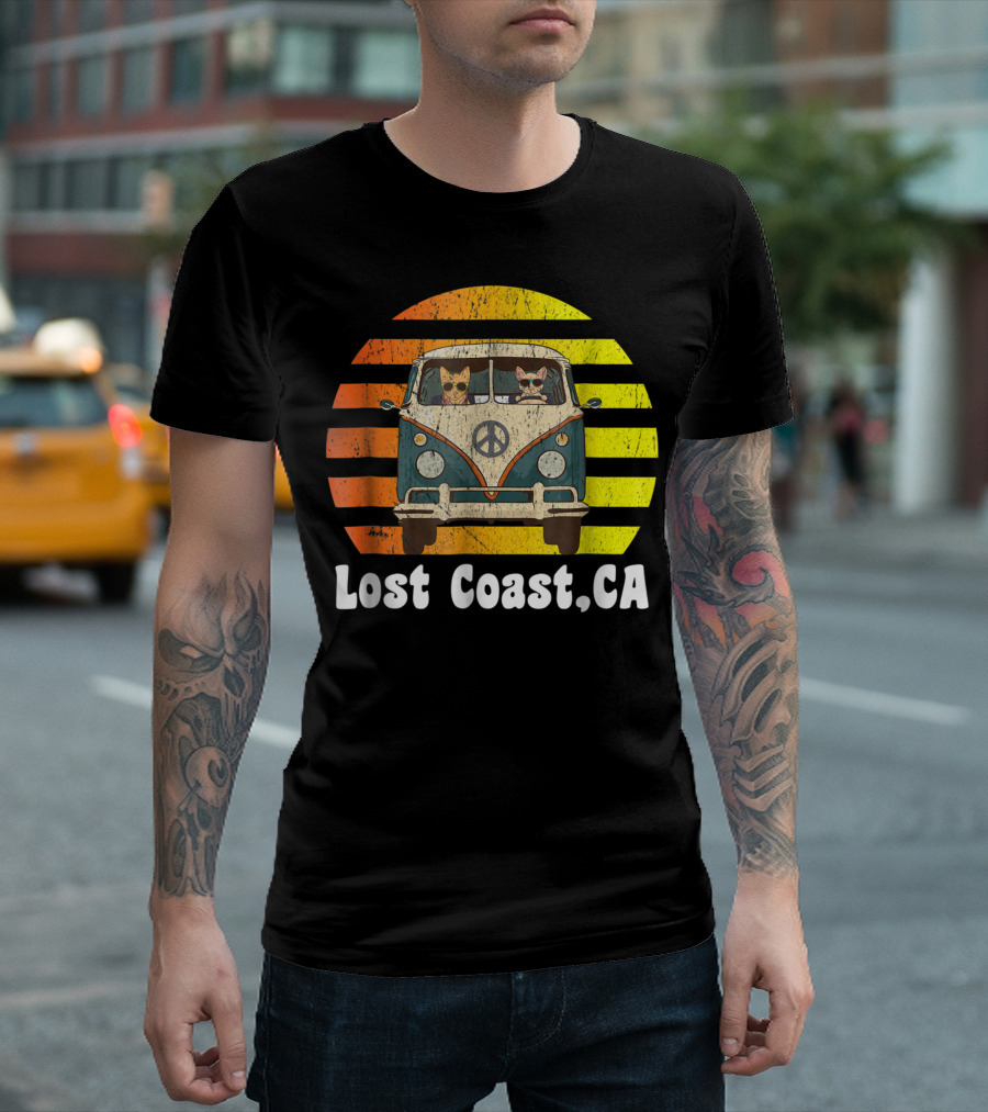 Lost Coast CA Road Trip Vintage Hippie Van with Peace Sign and Cats T-Shirt