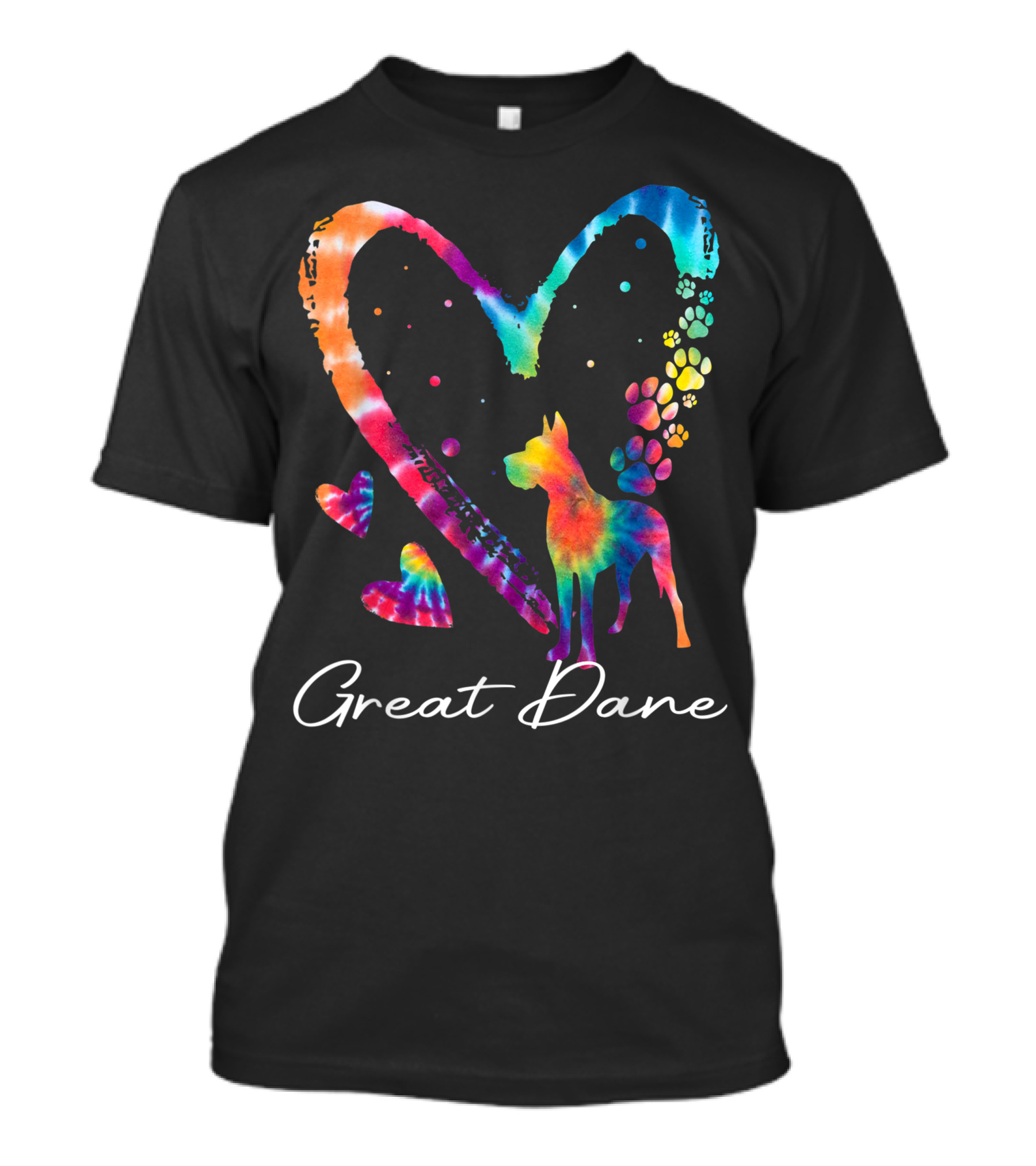 Great Dane Love Tie Dye Rainbow Heart Paw Prints T-Shirt