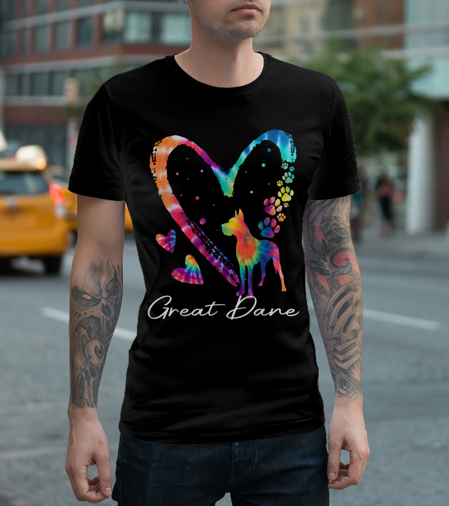 Great Dane Love Tie Dye Rainbow Heart Paw Prints T-Shirt