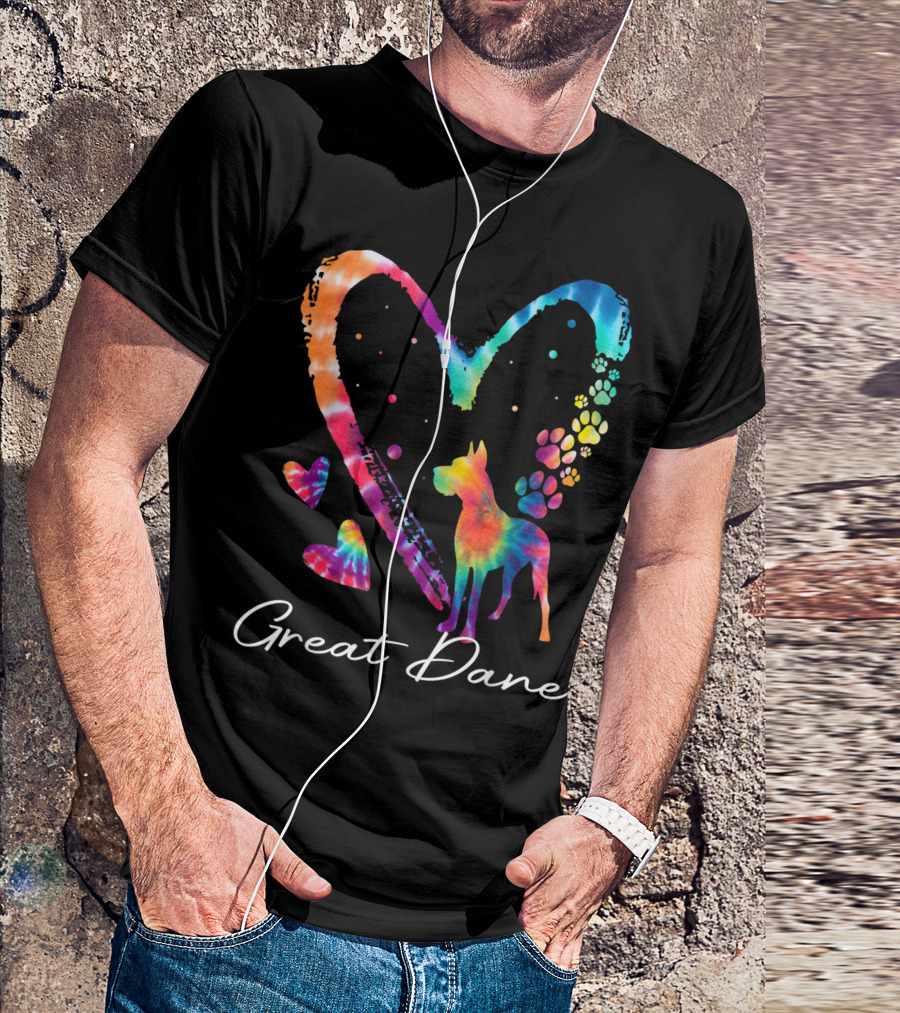 Great Dane Love Tie Dye Rainbow Heart Paw Prints T-Shirt